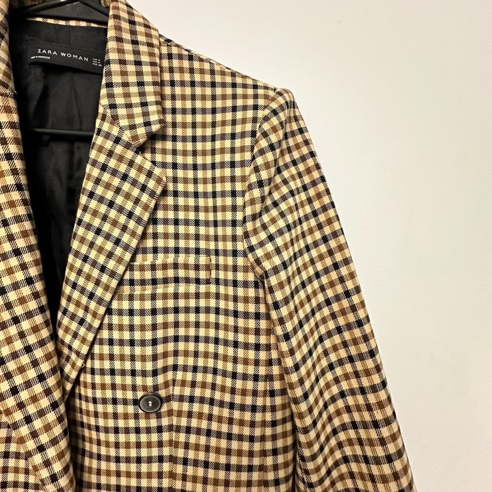 Zara Woman Double Breasted Plaid Blazer Brown Tan Academia Preppy Medium - Picture 9 of 16